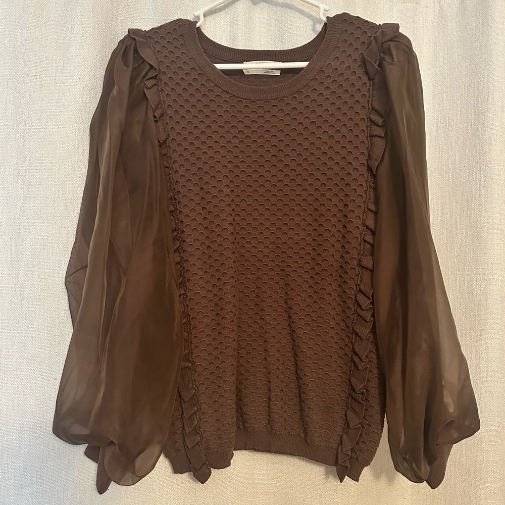 Anthropologie Chocolate Brown Puff‎ Tulle Sleeve Sweater - Picture 4 of 10